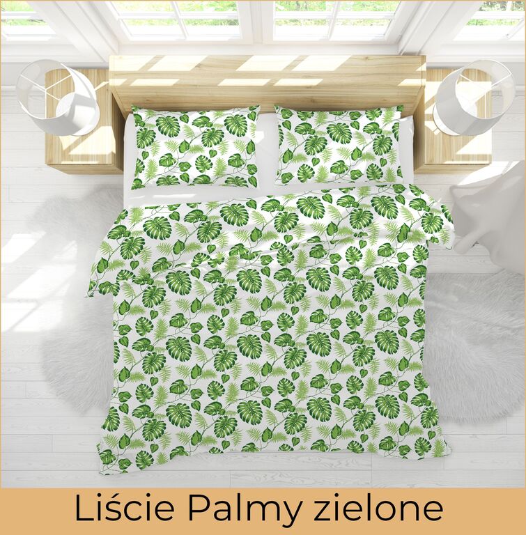 POŚCIEL HOTELOWA 140x200cm + POSZEWKA 70x80 BAWEŁNA 100% wzór: Liście Palmy zielone (3)