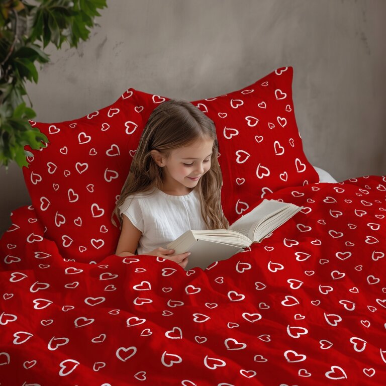 Komplet Pościeli 160x200 + 2x70x80, 100% Bawełna, 140g/m2, wzór: Białe Serca Obwódki na Czerwonym (19)