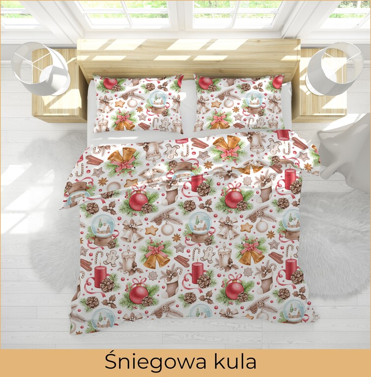 Komplet Pościeli Świątecznej 160x200 + 2x70x80, 100% Bawełna, 140g/m2, wzór: Śniegowa kula (7)