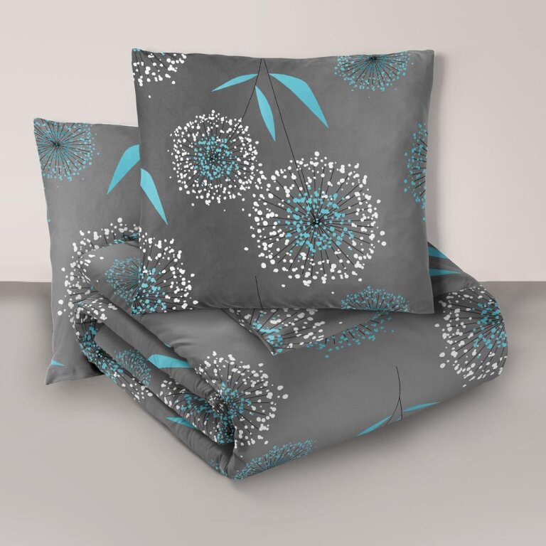 Komplet Pościeli 160x200 + 2x70x80, 100% Bawełna, 140g/m2, wzór: DMUCHAWIEC TURKUS