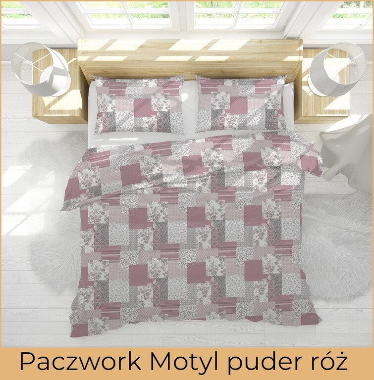 Komplet Pościeli z Kory 140x200 + 1x70x80 Bawełna 100% Bielawa Produkt Polski - Paczwork Motyl puder róż (3)