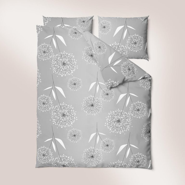 Komplet Pościeli 160x200 + 2x70x80, 100% Bawełna, 140g/m2, wzór:  DMUCHAWIEC SZARY (8)