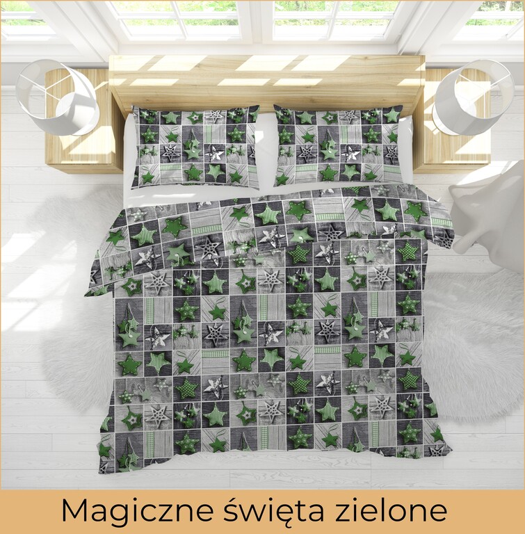 Pościel Świąteczna 140x200cm, 70x80cm, 140g/m2, bawełna 100% :  Magiczne święta zielone (7)