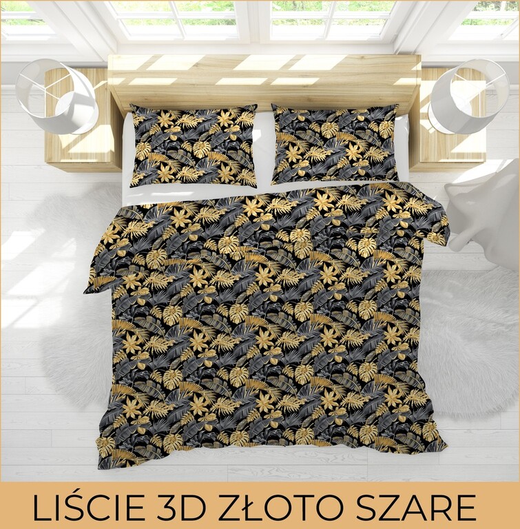 Pościel  140x200cm, 70x80cm, 140g/m2, bawełna 100% :  Liście 3D złoto szare (3)