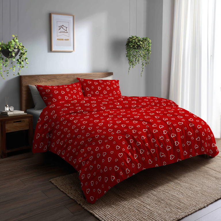 Komplet Pościeli 160x200 + 2x70x80, 100% Bawełna, 140g/m2, wzór: Białe Serca Obwódki na Czerwonym (11)